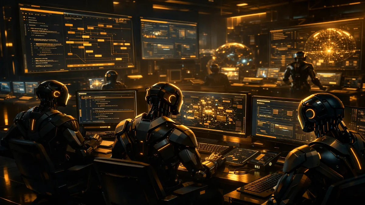 Autonóm AI-ügynökök komplex projekteket menedzselnek futurisztikus környezetben