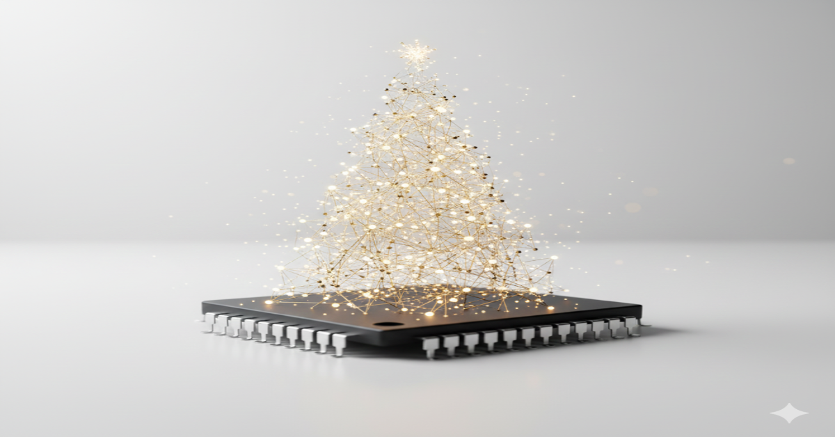 Aranyló, fényekből álló karácsonyfa egy mikrochipen – magyar AI ünnepi hangulat
